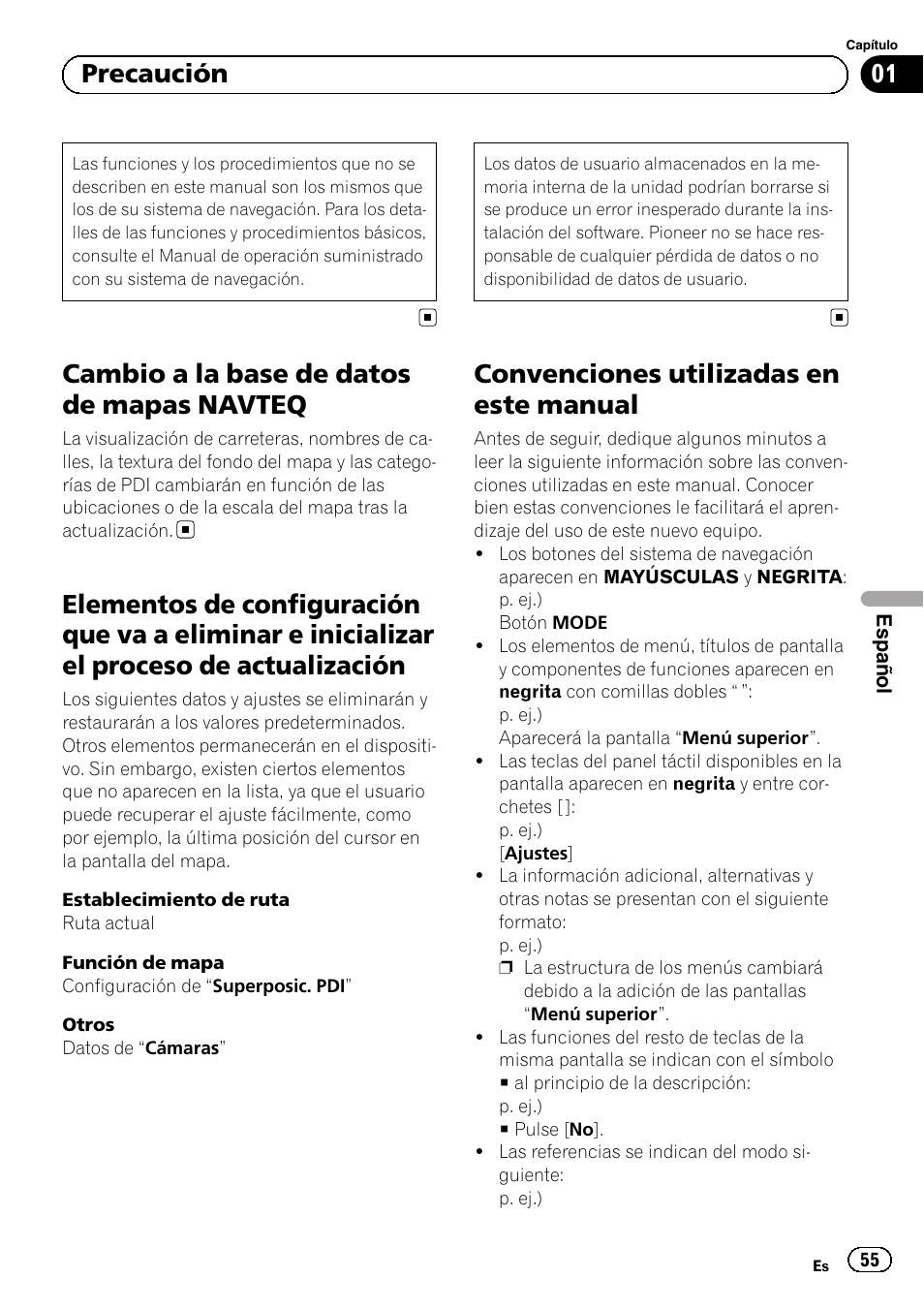 Cambio a la base de datos de mapas, Navteq, Elementos de configuración que va a | Eliminar e inicializar el proceso de actualización, Convenciones utilizadas en este manual, Cambio a la base de datos de mapas navteq, 01 precaución | Pioneer AVIC-F220 User Manual | Page 55 / 96