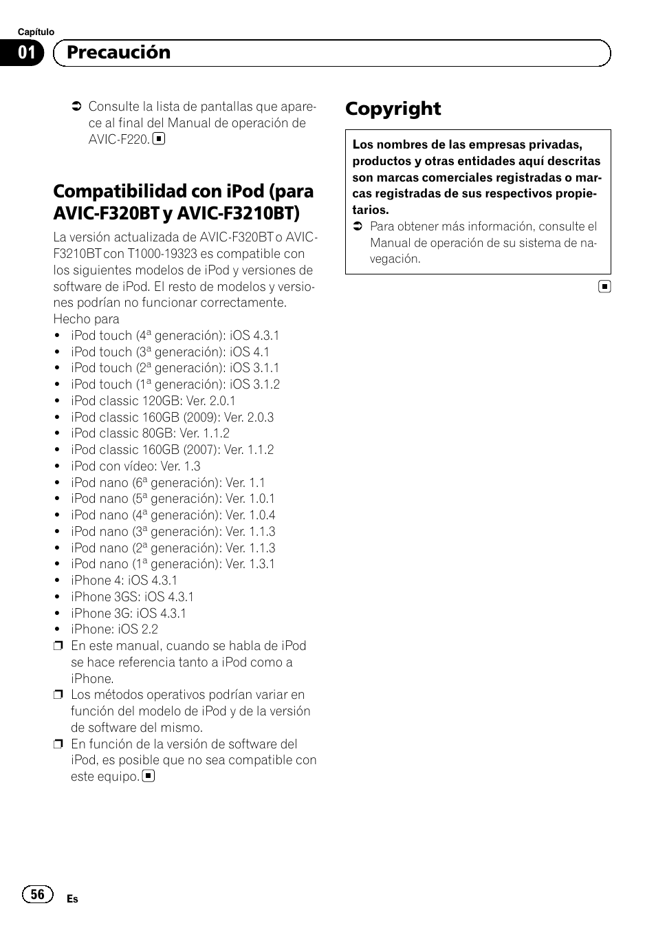 Compatibilidad con ipod (para avic-f320bt y, Avic-f3210bt), Copyright | 01 precaución | Pioneer AVIC-F220 User Manual | Page 56 / 96