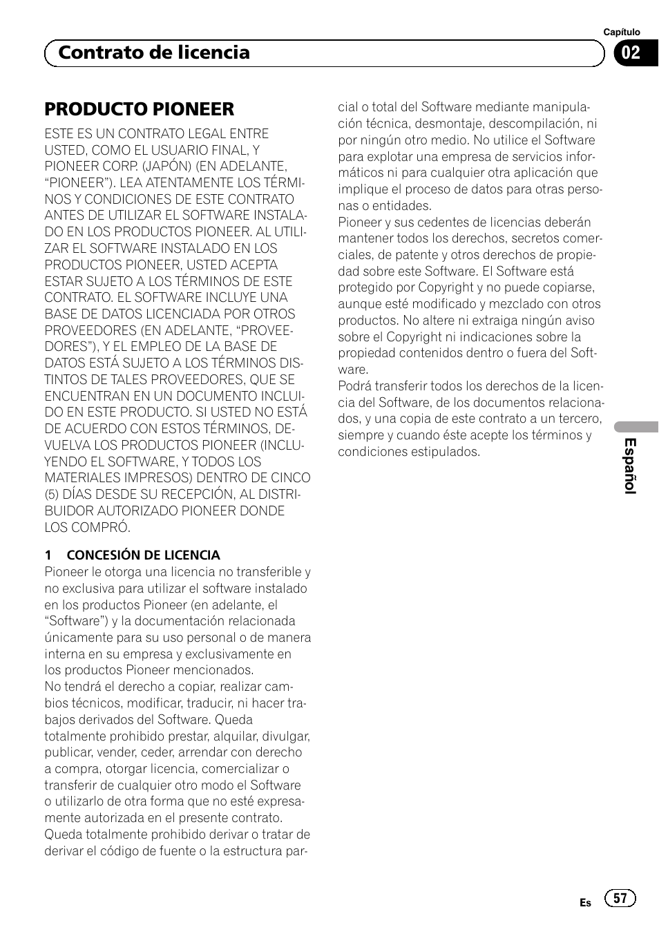 Contrato de licencia producto pioneer, Producto pioneer, 02 contrato de licencia | Pioneer AVIC-F220 User Manual | Page 57 / 96