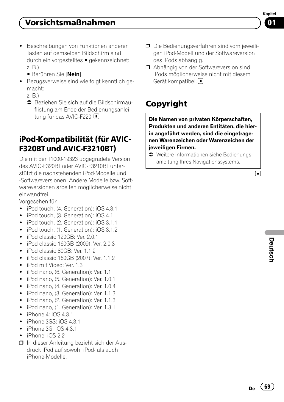 Ipod-kompatibilität (für avic-f320bt und, Avic-f3210bt), Copyright | 01 vorsichtsmaßnahmen | Pioneer AVIC-F220 User Manual | Page 69 / 96