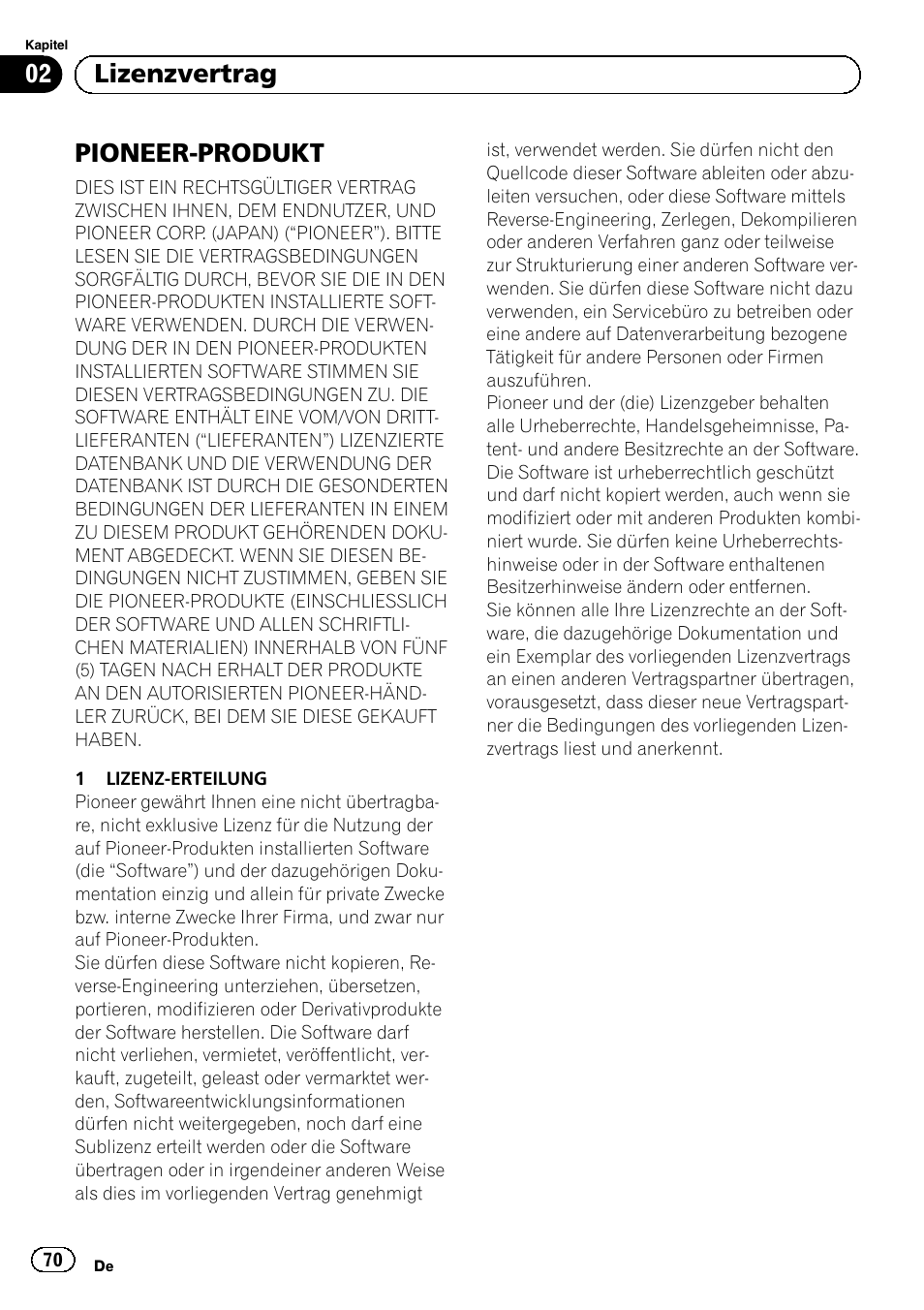 Lizenzvertrag pioneer-produkt, Pioneer-produkt, 02 lizenzvertrag | Pioneer AVIC-F220 User Manual | Page 70 / 96