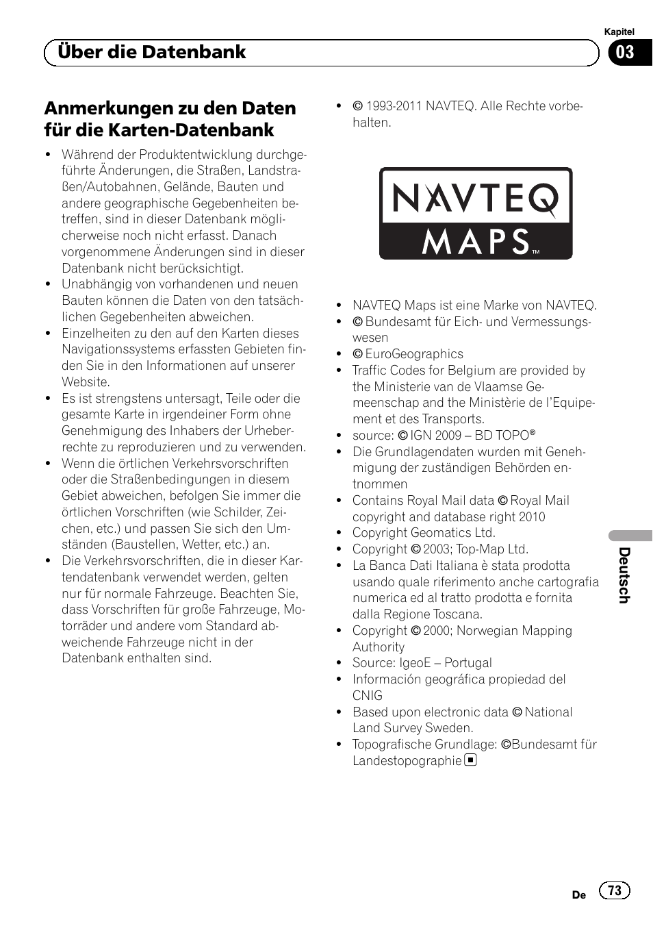 Datenbank, Anmerkungen zu den daten für die karten-datenbank, 03 über die datenbank | Pioneer AVIC-F220 User Manual | Page 73 / 96