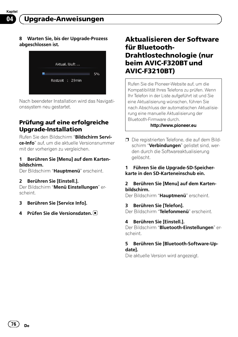 Prüfung auf eine erfolgreiche upgrade, Installation, Aktualisieren der software für bluetooth | Aktua, 04 upgrade-anweisungen, Prüfung auf eine erfolgreiche upgrade-installation | Pioneer AVIC-F220 User Manual | Page 76 / 96