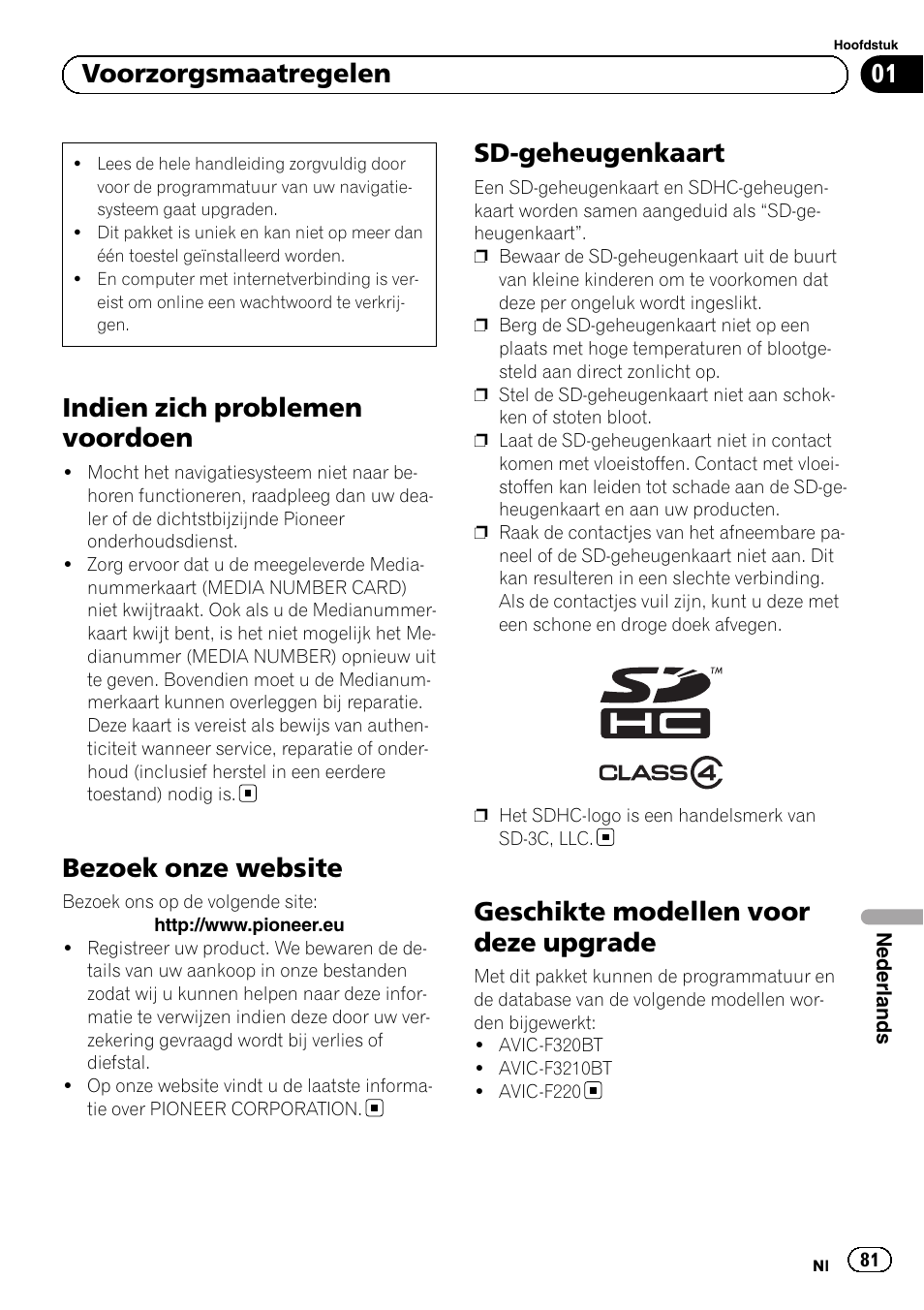 Bezoek onze website, Sd-geheugenkaart, Geschikte modellen voor deze upgrade | Indien zich problemen voordoen, 01 voorzorgsmaatregelen | Pioneer AVIC-F220 User Manual | Page 81 / 96