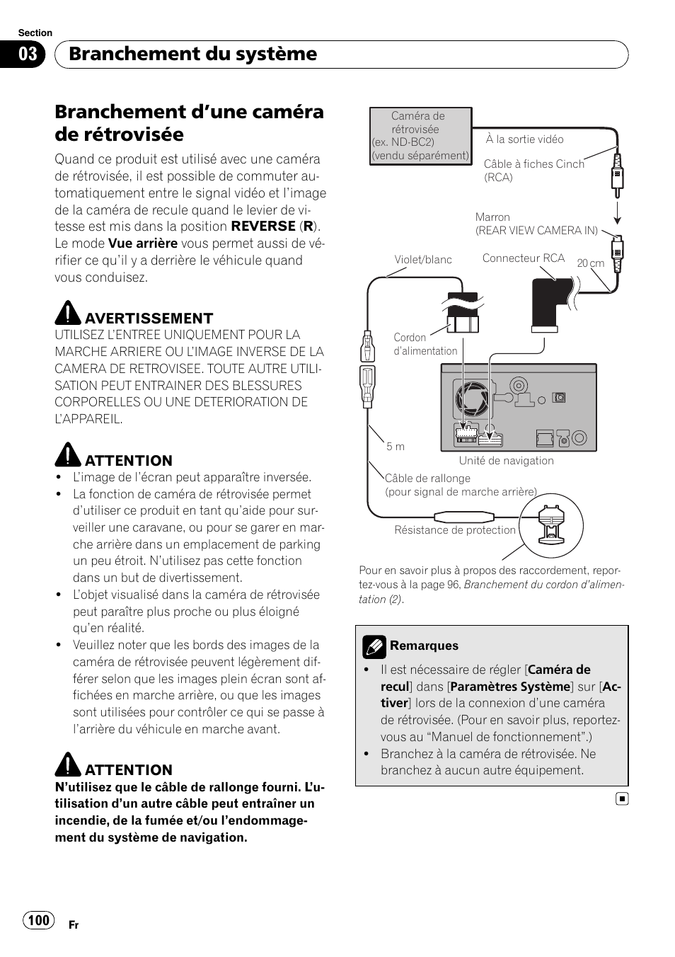 Branchement d, Une caméra de, Rétrovisée | Branchement d ’une caméra de rétrovisée, Branchement du système | Pioneer AVIC-F710BT User Manual | Page 100 / 170