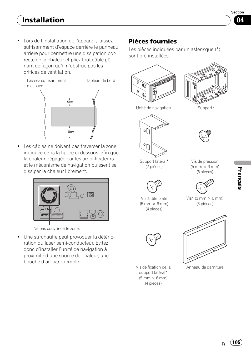 Pièces fournies 105, Installation, Pièces fournies | Français | Pioneer AVIC-F710BT User Manual | Page 105 / 170