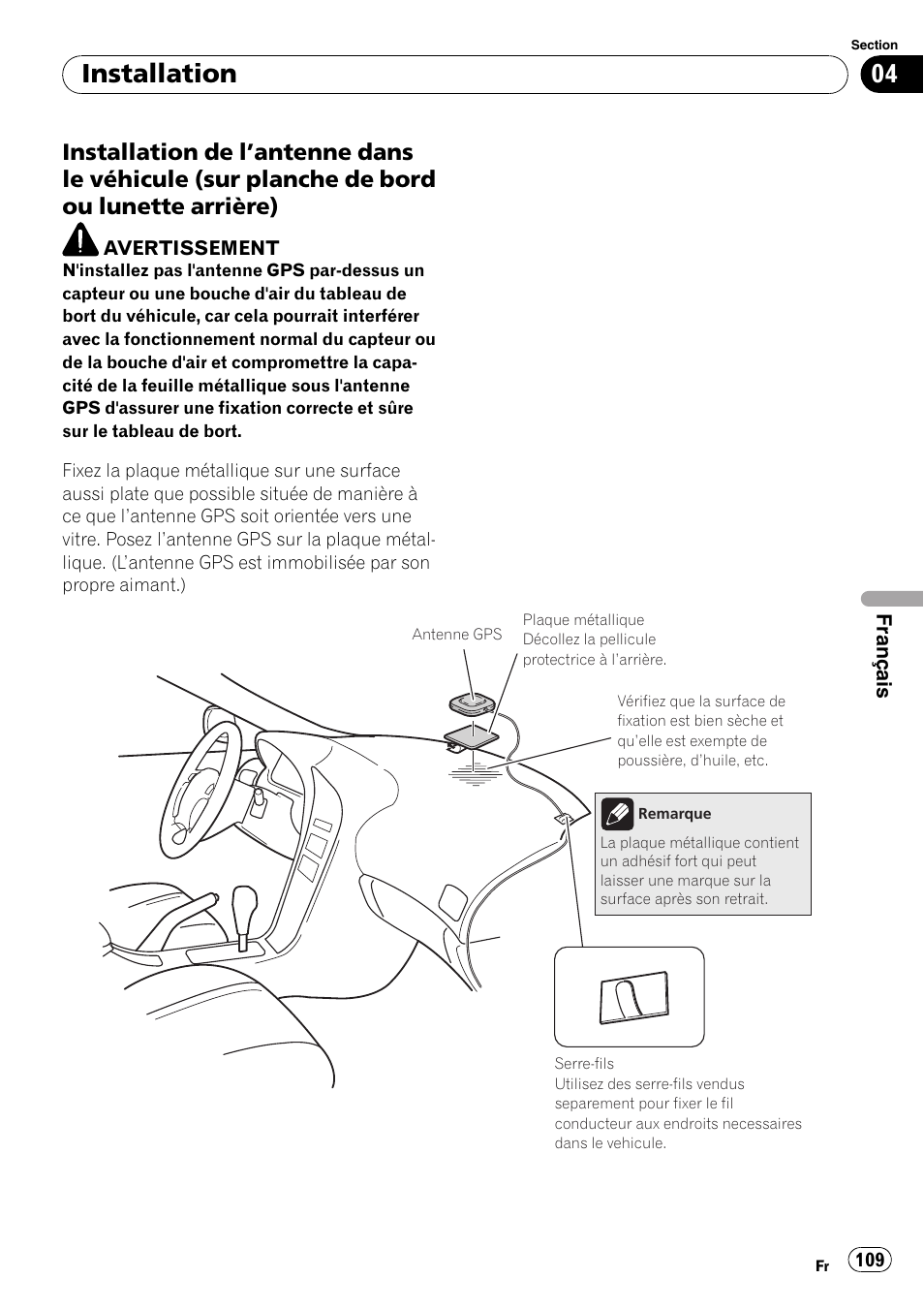 Installation de l’antenne dans le, Véhicule (sur planche de bord ou lunette arrière), Installation | Pioneer AVIC-F710BT User Manual | Page 109 / 170