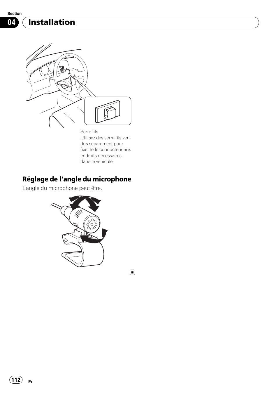 Réglage de l’angle du, Microphone, Installation | Pioneer AVIC-F710BT User Manual | Page 112 / 170