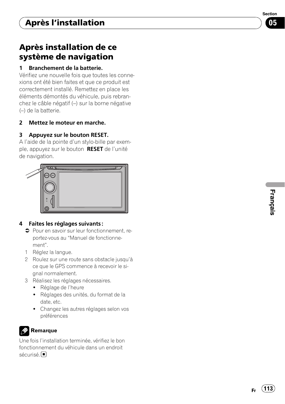 Après l, Installation, Après installation de ce système de | Navigation, Après installation de ce système de navigation, Après l ’installation | Pioneer AVIC-F710BT User Manual | Page 113 / 170