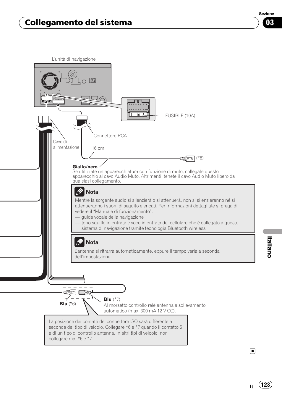 Collegamento del sistema, Italiano | Pioneer AVIC-F710BT User Manual | Page 123 / 170