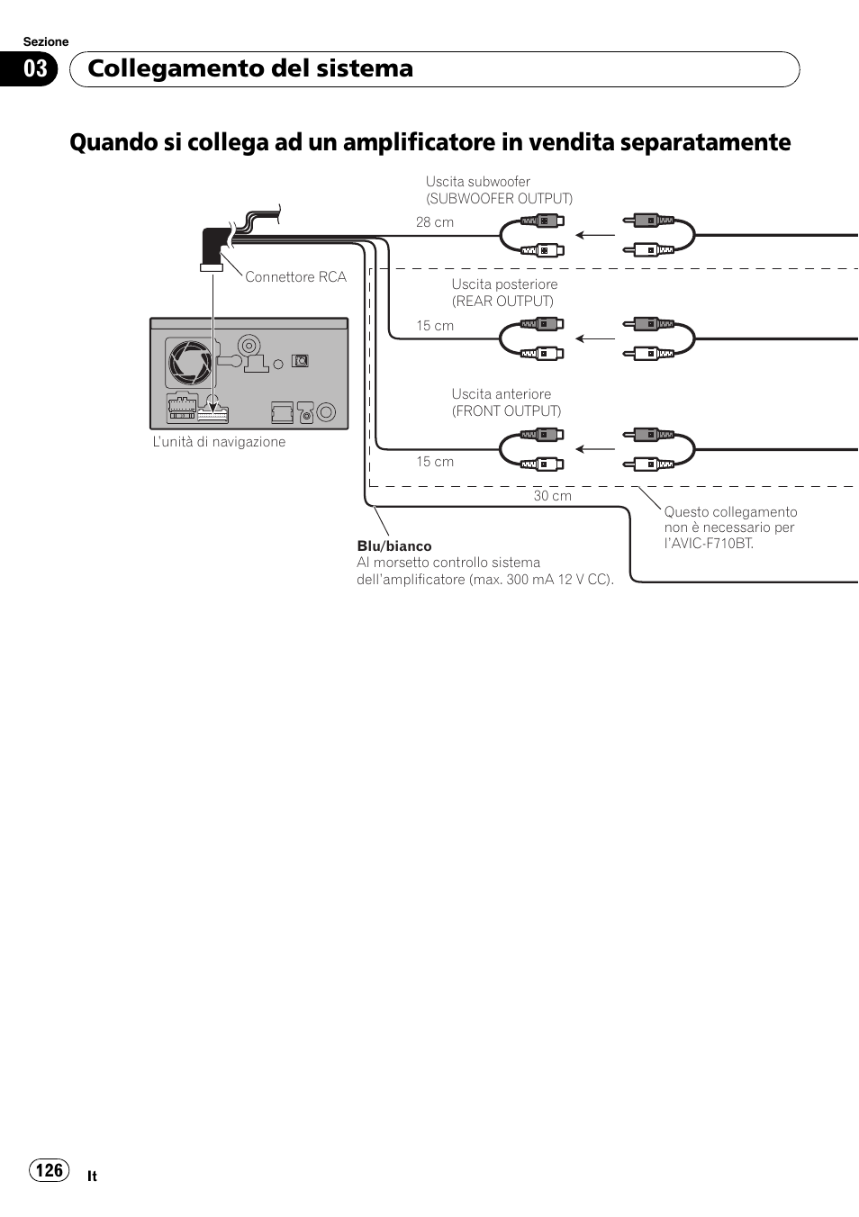 Quando si collega ad un amplificatore in, Vendita separatamente, Collegamento del sistema | Pioneer AVIC-F710BT User Manual | Page 126 / 170