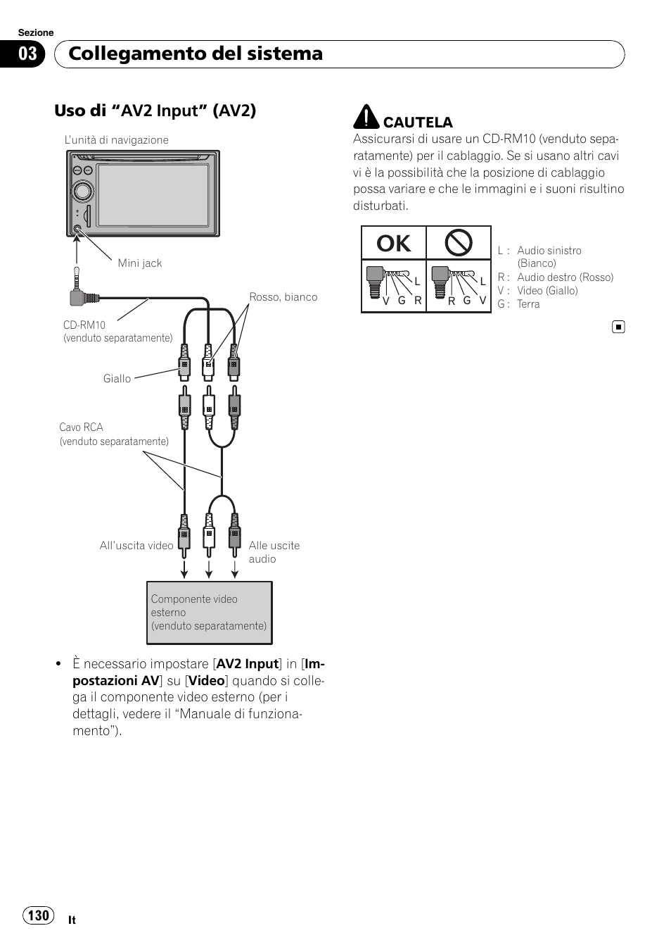 Uso di “av2 input” (av2) 130, Collegamento del sistema, Uso di “av2 input” (av2) | Pioneer AVIC-F710BT User Manual | Page 130 / 170