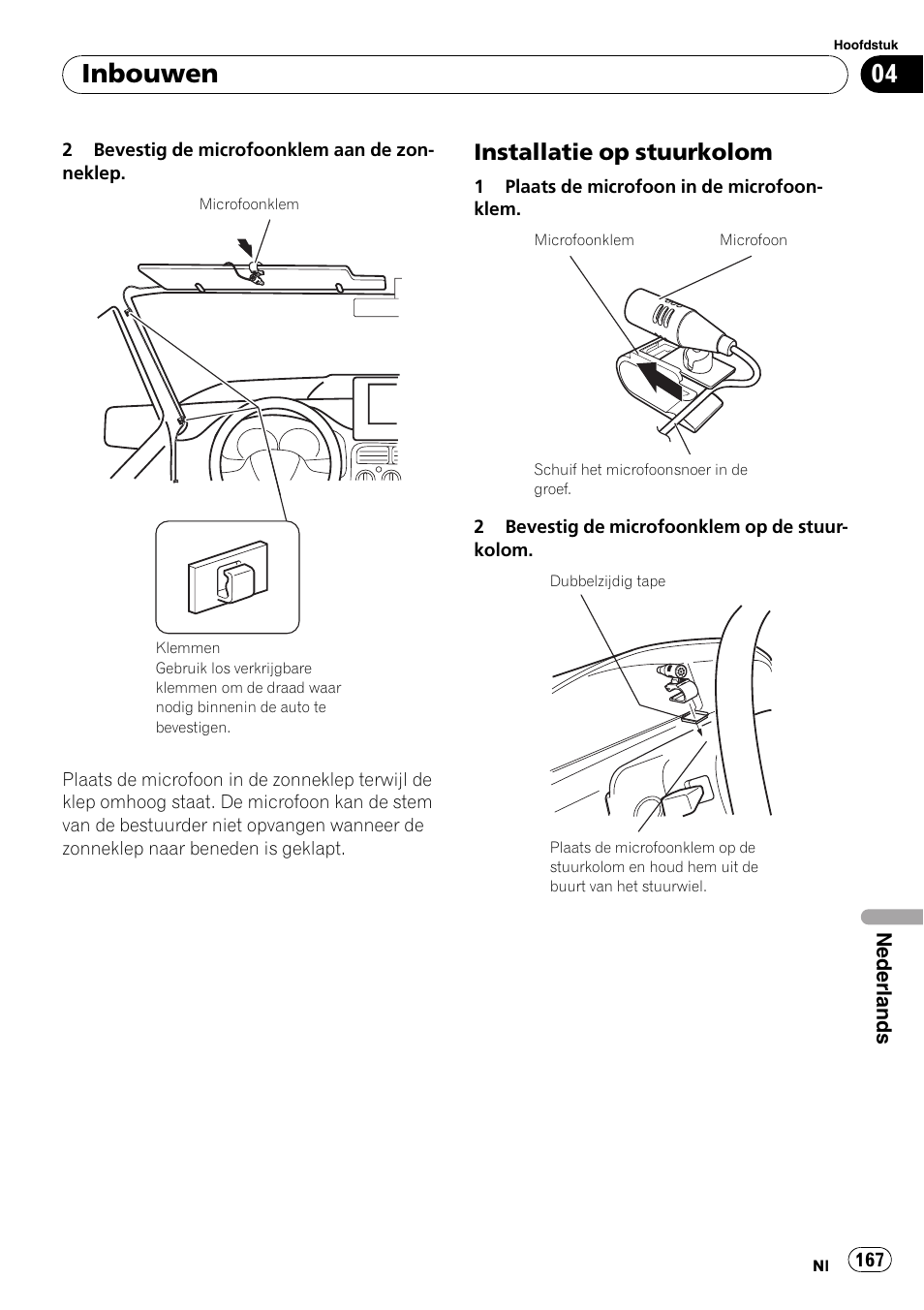 Installatie op stuurkolom 167, Inbouwen, Installatie op stuurkolom | Pioneer AVIC-F710BT User Manual | Page 167 / 170