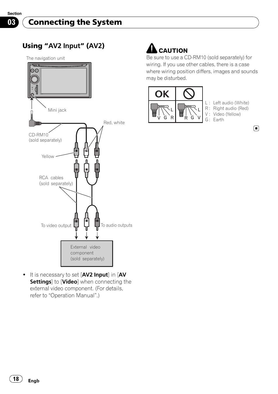 Using “av2 input” (av2) 18, Connecting the system, Using “av2 input” (av2) | Pioneer AVIC-F710BT User Manual | Page 18 / 170