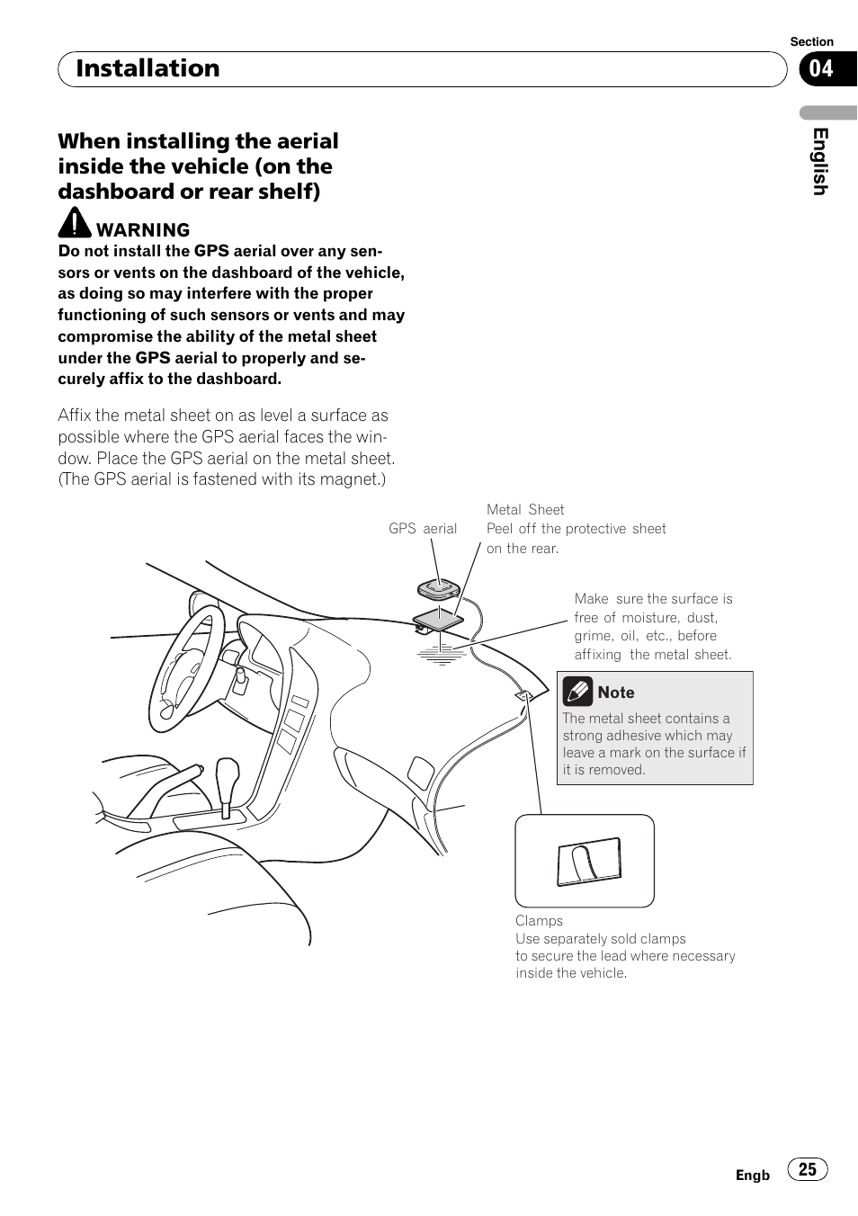 When installing the aerial inside the, Vehicle (on the dashboard or rear shelf), Installation | Pioneer AVIC-F710BT User Manual | Page 25 / 170