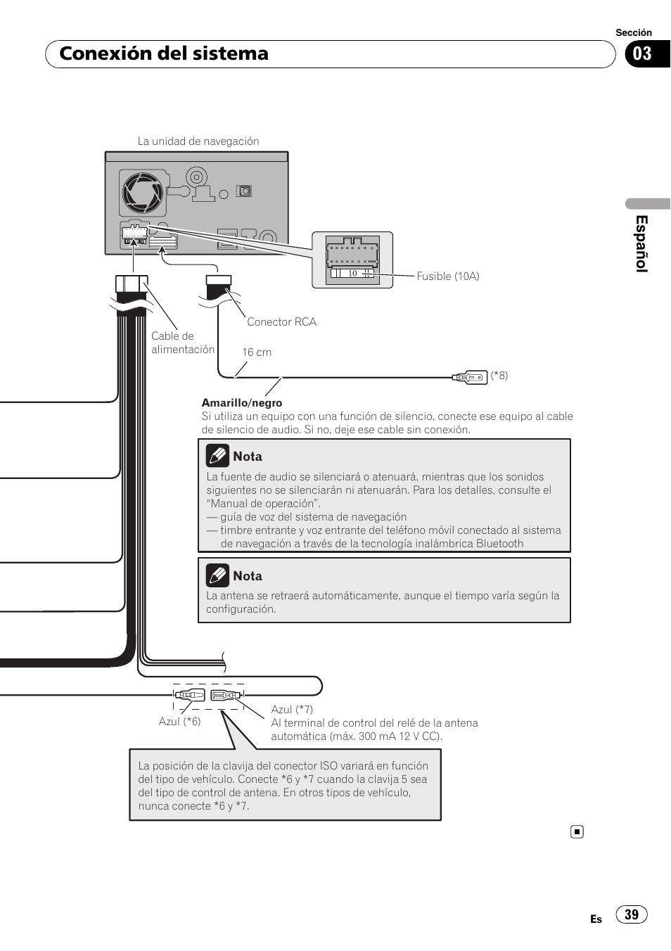 Conexión del sistema, Español | Pioneer AVIC-F710BT User Manual | Page 39 / 170