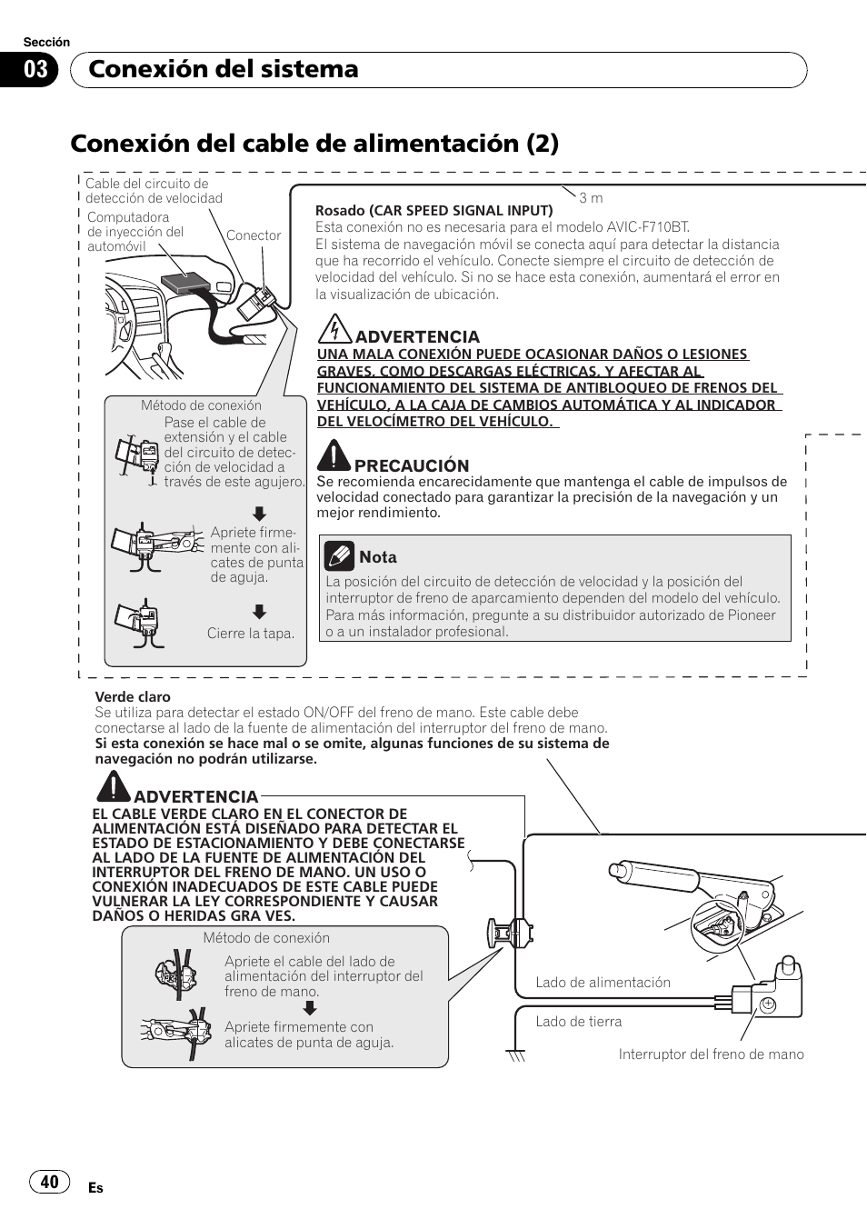 Conexión del cable de alimentación (2), Conexión del sistema | Pioneer AVIC-F710BT User Manual | Page 40 / 170