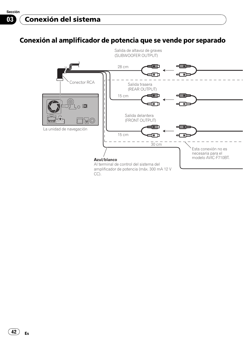 Conexión al amplificador de potencia que se, Vende por separado, Conexión del sistema | Pioneer AVIC-F710BT User Manual | Page 42 / 170