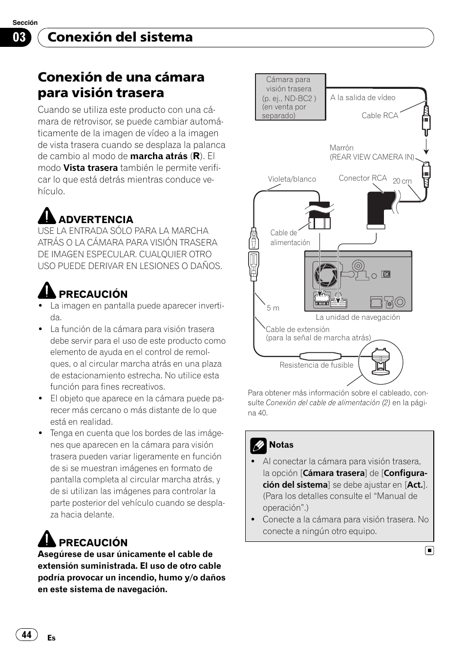 Conexión de una cámara para visión, Trasera, Conexión de una cámara para visión trasera | Conexión del sistema | Pioneer AVIC-F710BT User Manual | Page 44 / 170