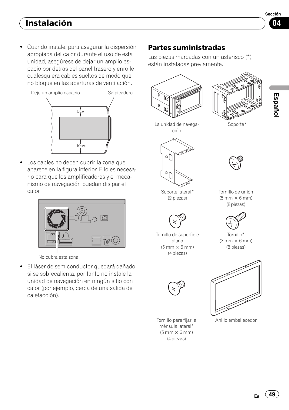 Partes suministradas 49, Instalación, Partes suministradas | Español | Pioneer AVIC-F710BT User Manual | Page 49 / 170