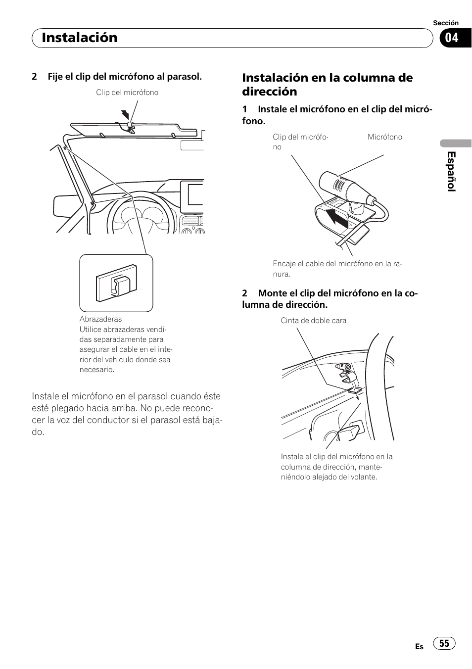 Instalación en la columna de, Dirección, Instalación | Instalación en la columna de dirección | Pioneer AVIC-F710BT User Manual | Page 55 / 170