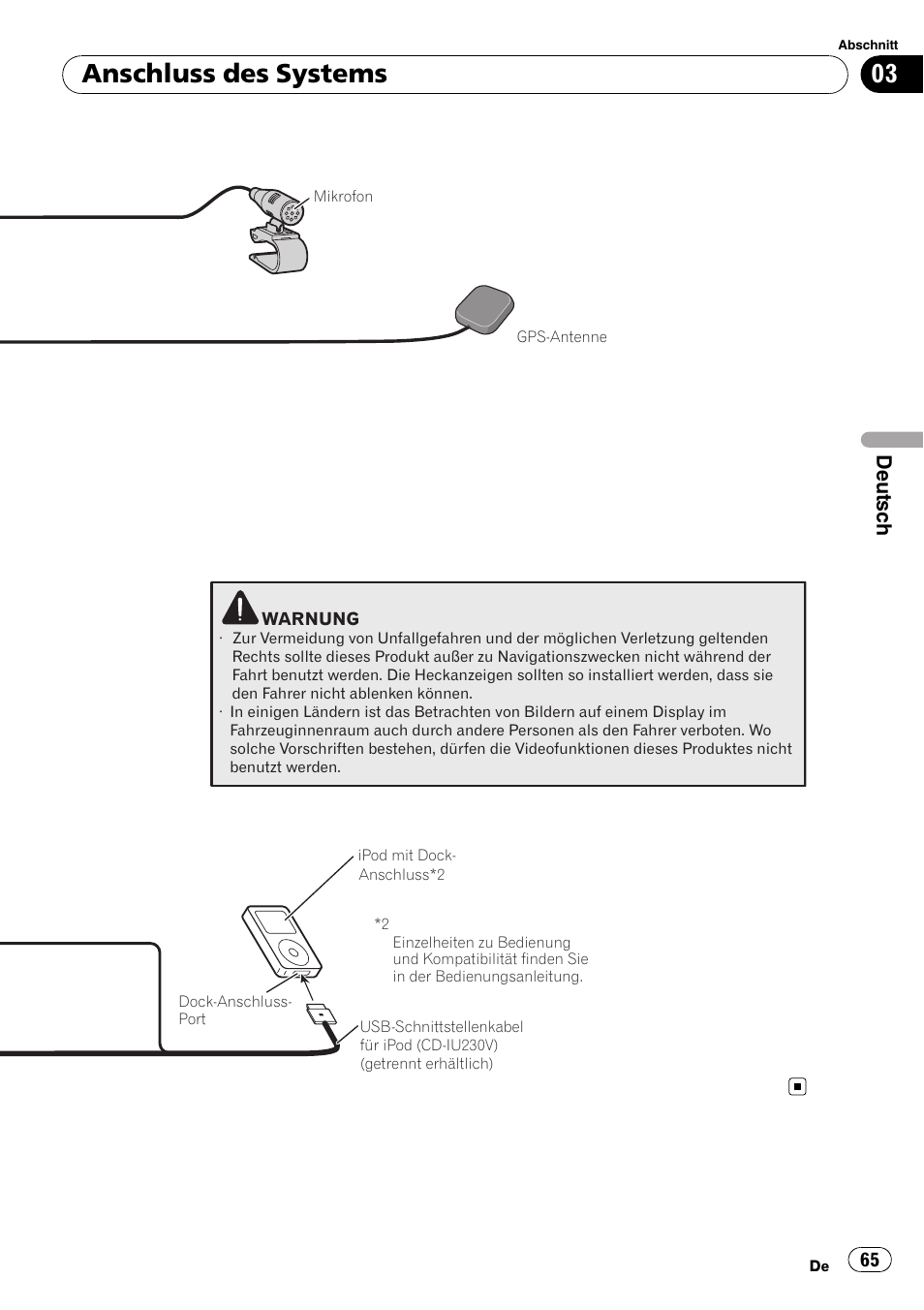 Anschluss des systems, Deutsch | Pioneer AVIC-F710BT User Manual | Page 65 / 170