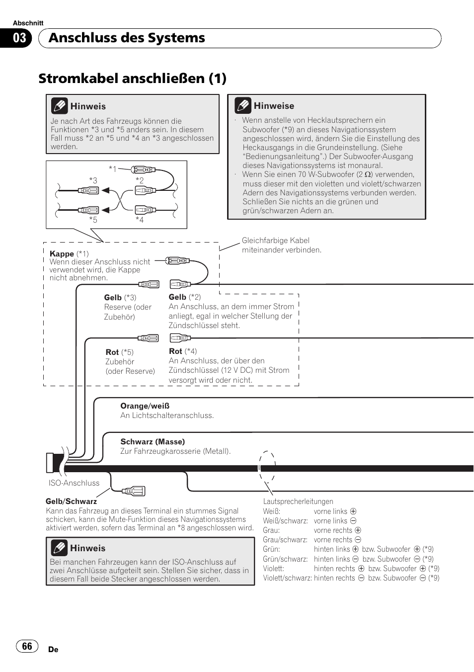 Stromkabel anschließen (1), Anschluss des systems | Pioneer AVIC-F710BT User Manual | Page 66 / 170