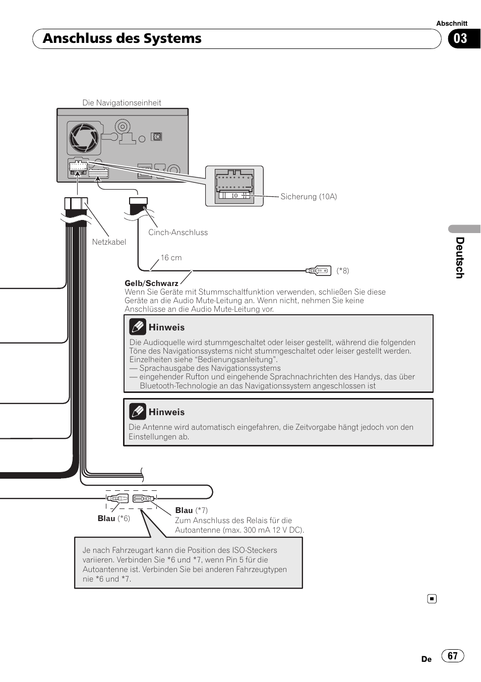 Anschluss des systems, Deutsch | Pioneer AVIC-F710BT User Manual | Page 67 / 170