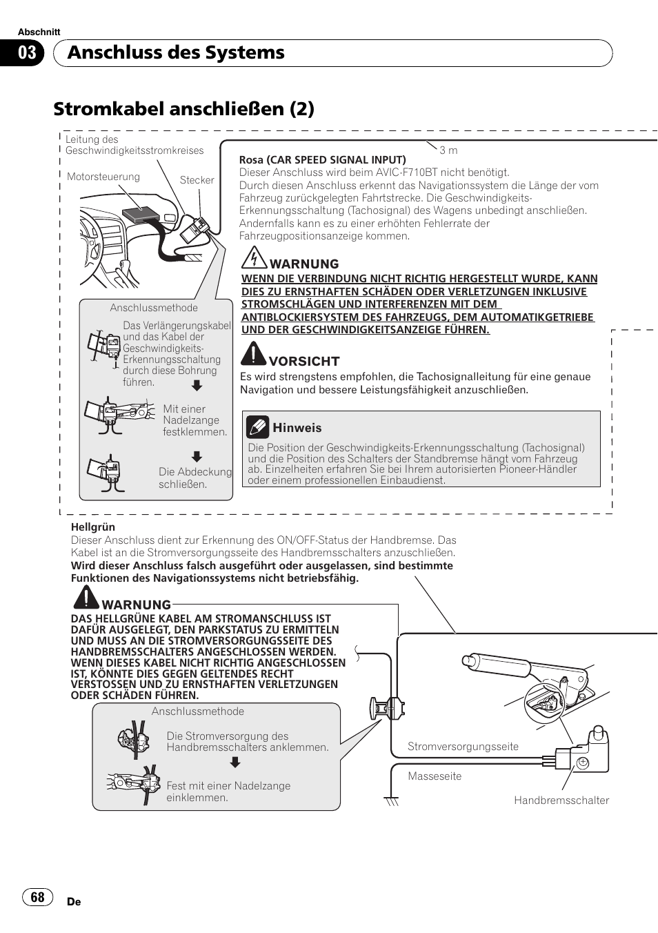 Stromkabel anschließen (2), Anschluss des systems | Pioneer AVIC-F710BT User Manual | Page 68 / 170