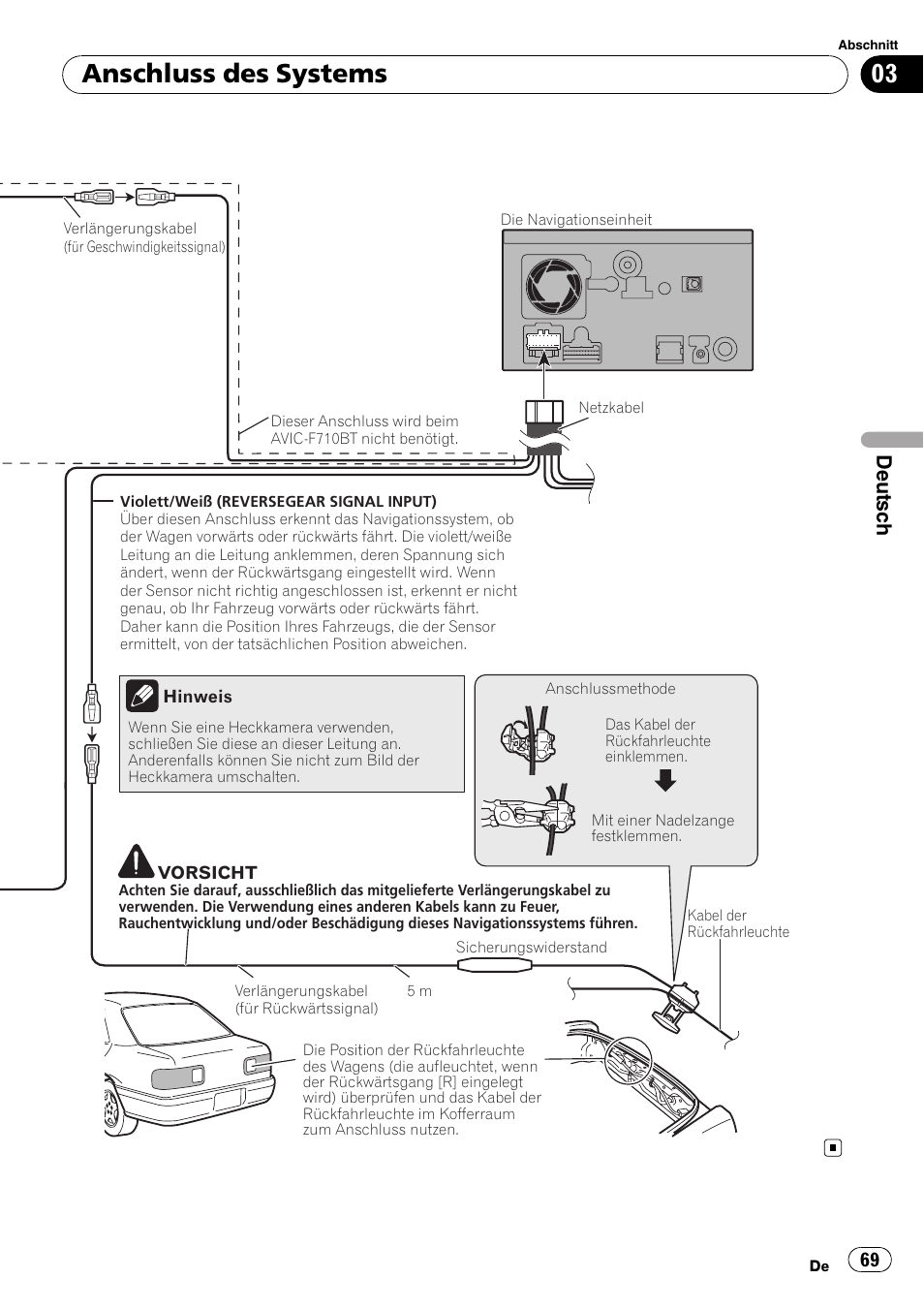 Anschluss des systems, Deutsch | Pioneer AVIC-F710BT User Manual | Page 69 / 170