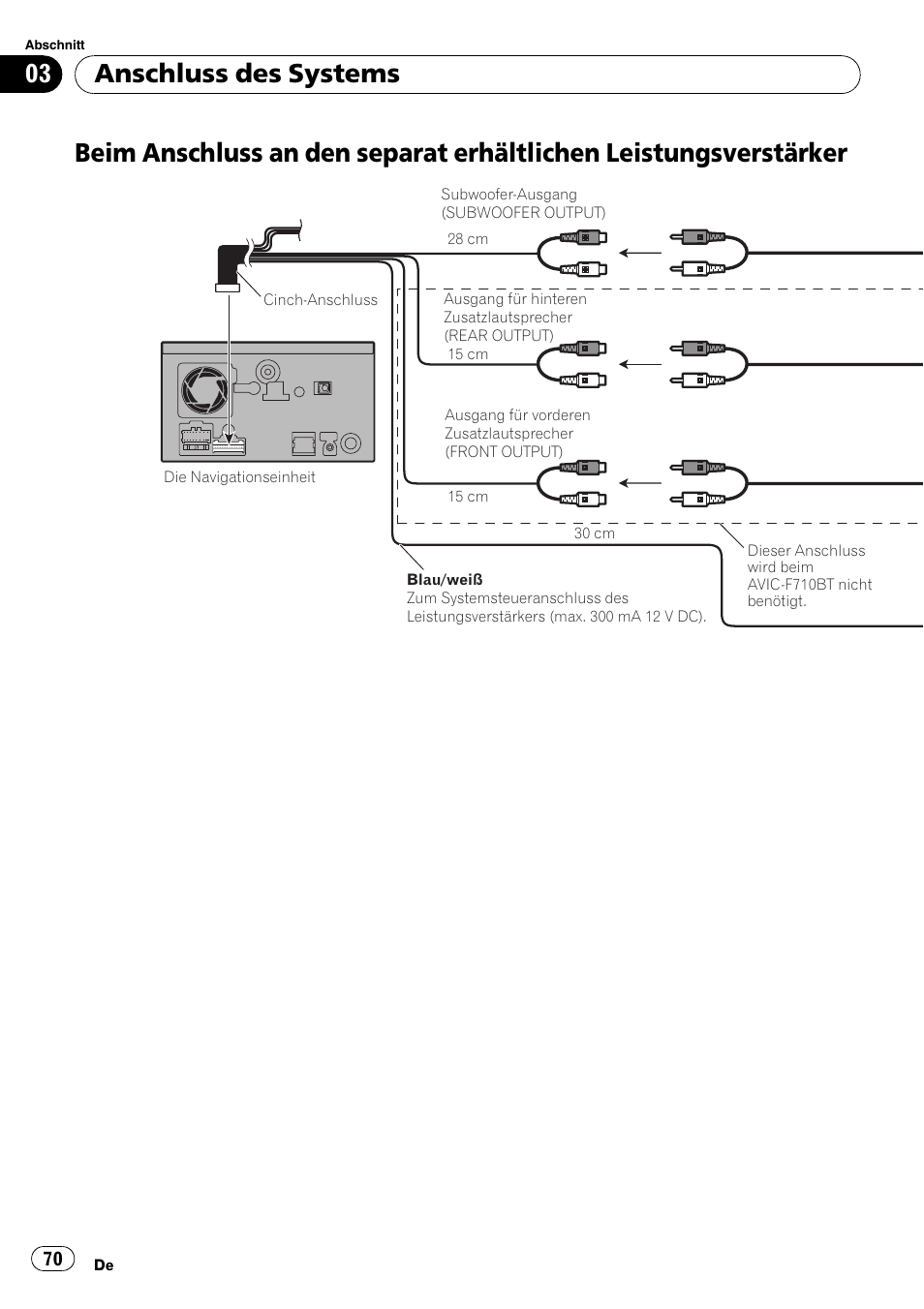 Beim anschluss an den separat erhältlichen, Leistungsverstärker, Anschluss des systems | Pioneer AVIC-F710BT User Manual | Page 70 / 170