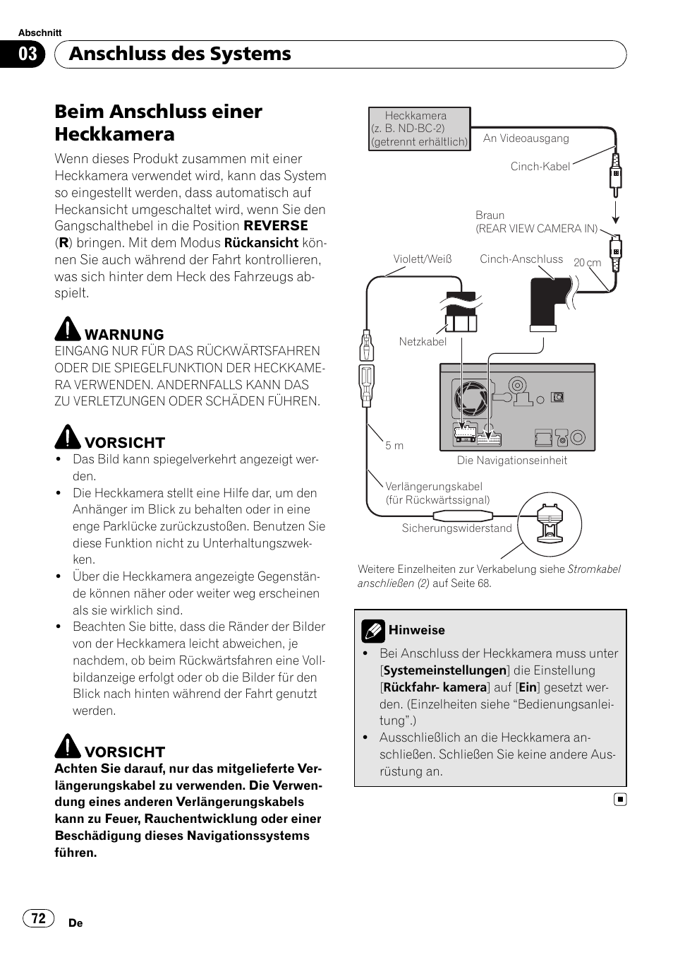 Beim anschluss einer heckkamera, Anschluss des systems | Pioneer AVIC-F710BT User Manual | Page 72 / 170