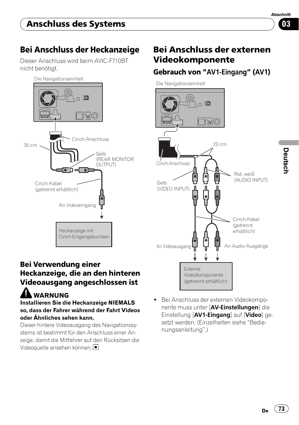 Bei anschluss der heckanzeige, Bei verwendung einer heckanzeige, die, An den hinteren videoausgang angeschlossen ist | Bei anschluss der externen, Videokomponente, Gebrauch von “av1-eingang” (av1) 73, Bei anschluss der externen videokomponente, Anschluss des systems, Gebrauch von “av1-eingang” (av1) | Pioneer AVIC-F710BT User Manual | Page 73 / 170