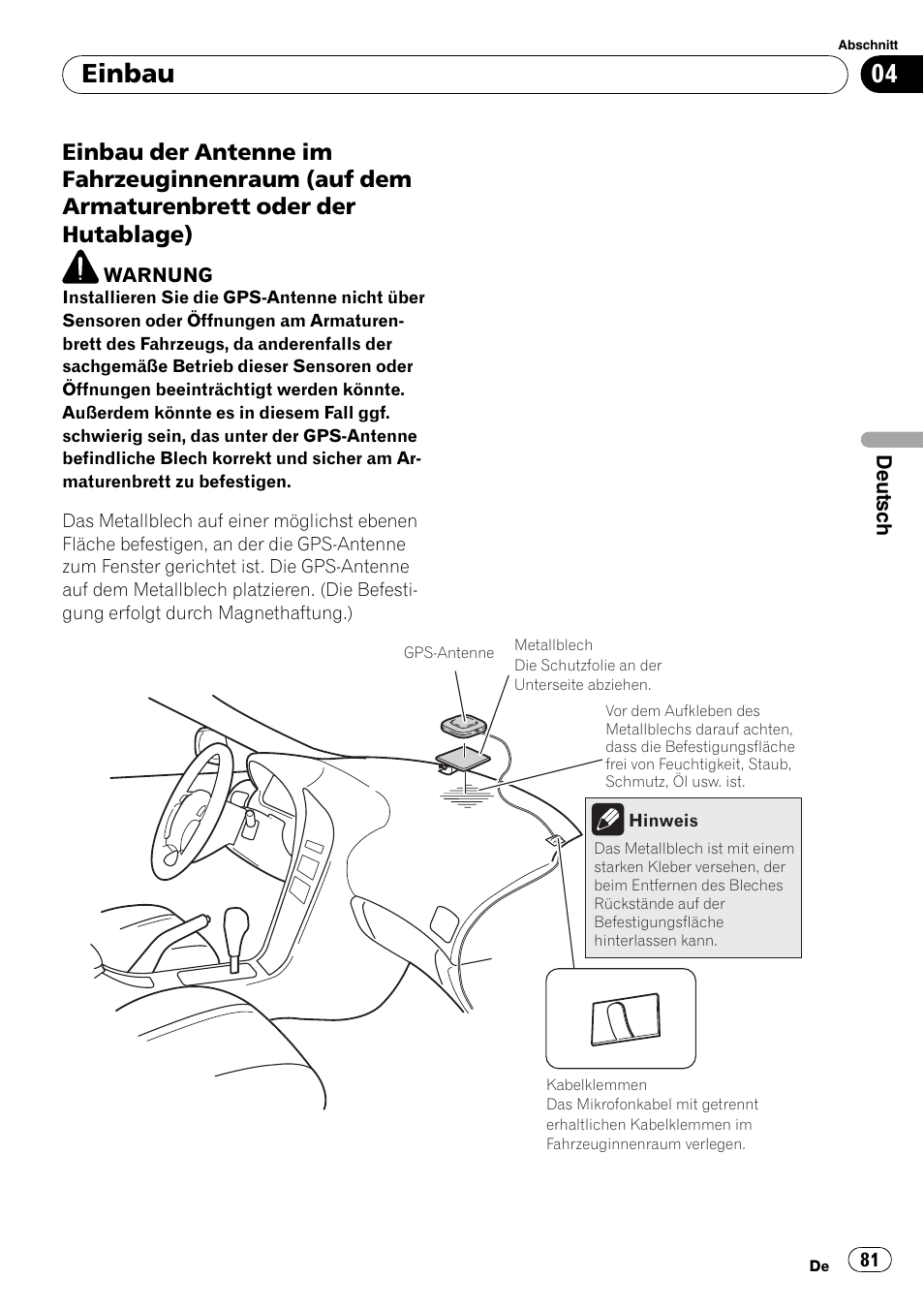 Einbau der antenne im, Einbau | Pioneer AVIC-F710BT User Manual | Page 81 / 170