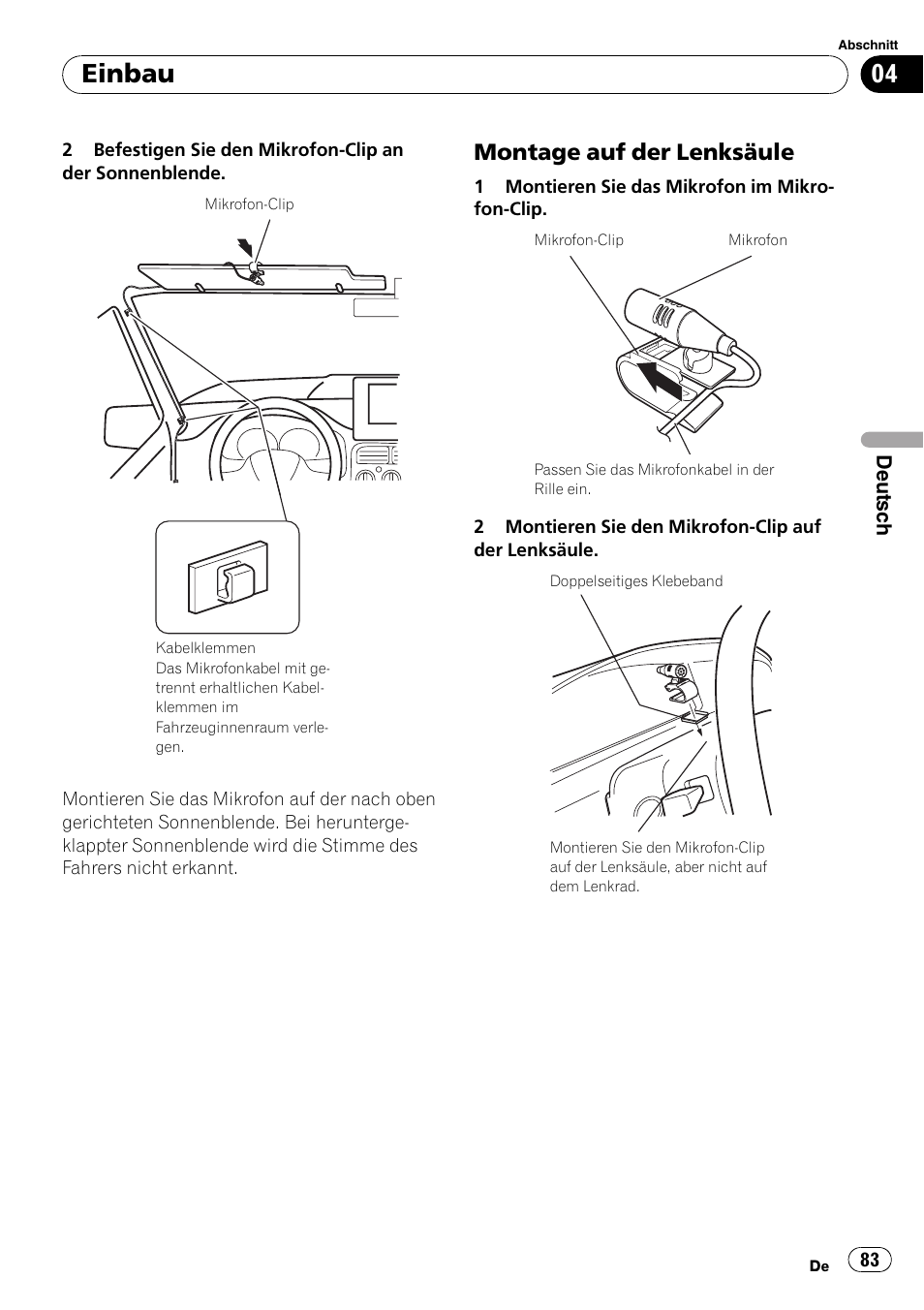Montage auf der lenksäule 83, Einbau, Montage auf der lenksäule | Pioneer AVIC-F710BT User Manual | Page 83 / 170