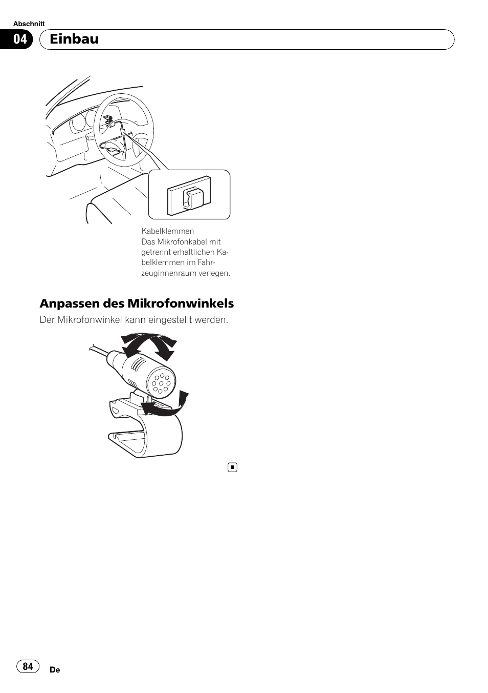 Anpassen des mikrofonwinkels 84, Einbau | Pioneer AVIC-F710BT User Manual | Page 84 / 170