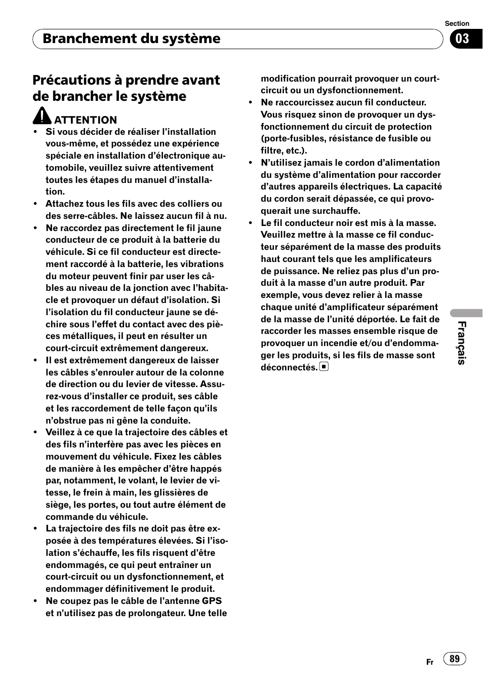 Système, Précautions à prendre avant de brancher le système, Branchement du système | Pioneer AVIC-F710BT User Manual | Page 89 / 170