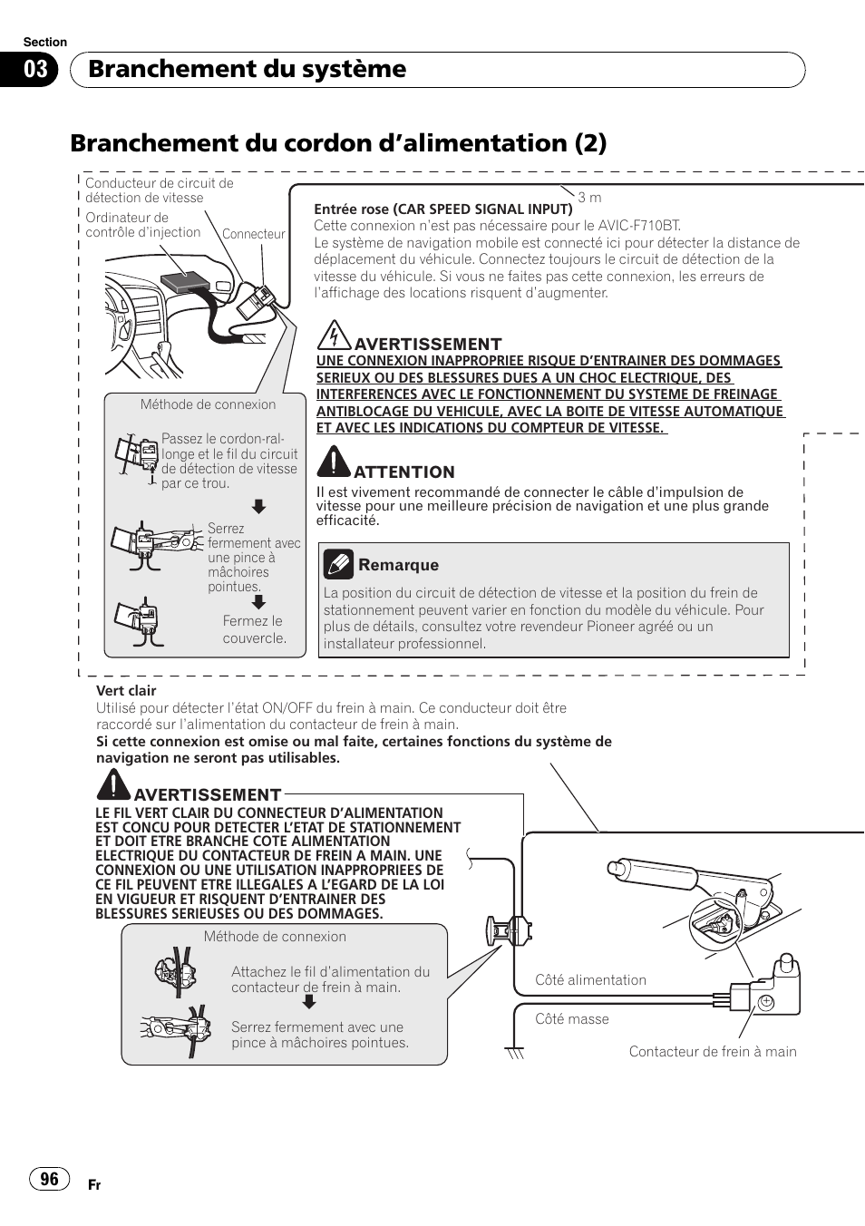 Branchement du cordon d, Alimentation, Branchement du cordon d ’alimentation (2) | Branchement du système | Pioneer AVIC-F710BT User Manual | Page 96 / 170