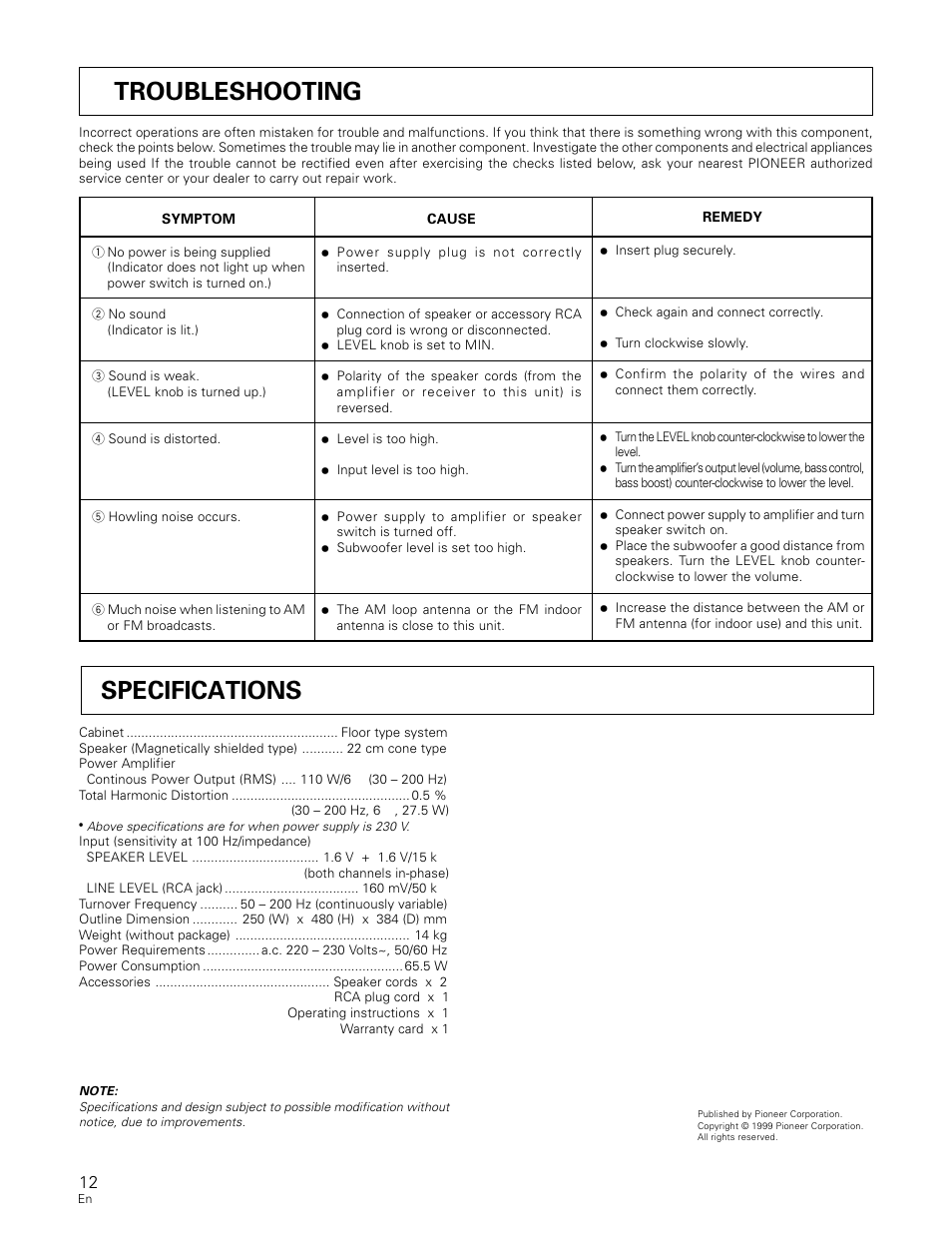 Troubleshooting, Specifications | Pioneer S-W80S-QL User Manual | Page 12 / 52