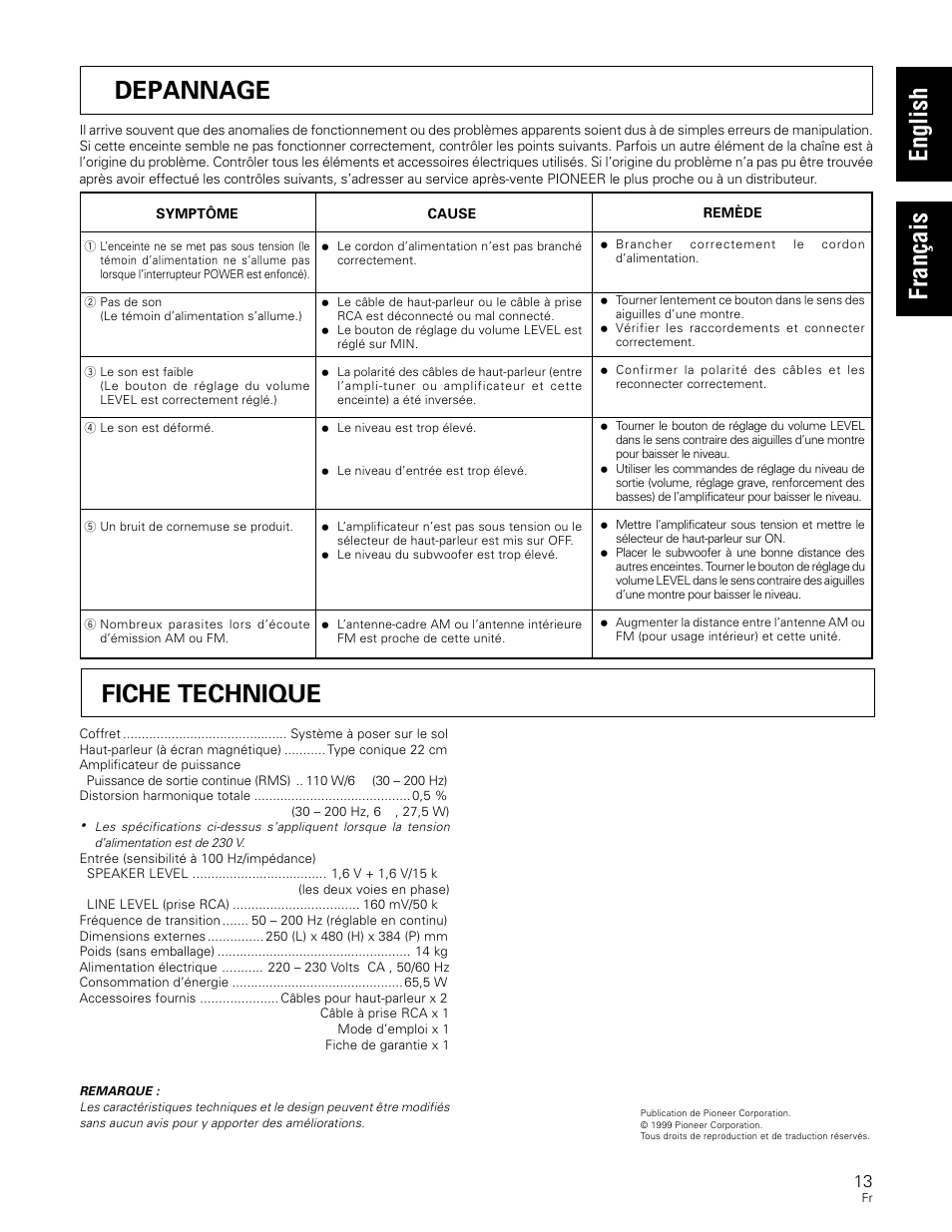 Fiche technique | Pioneer S-W80S-QL User Manual | Page 13 / 52