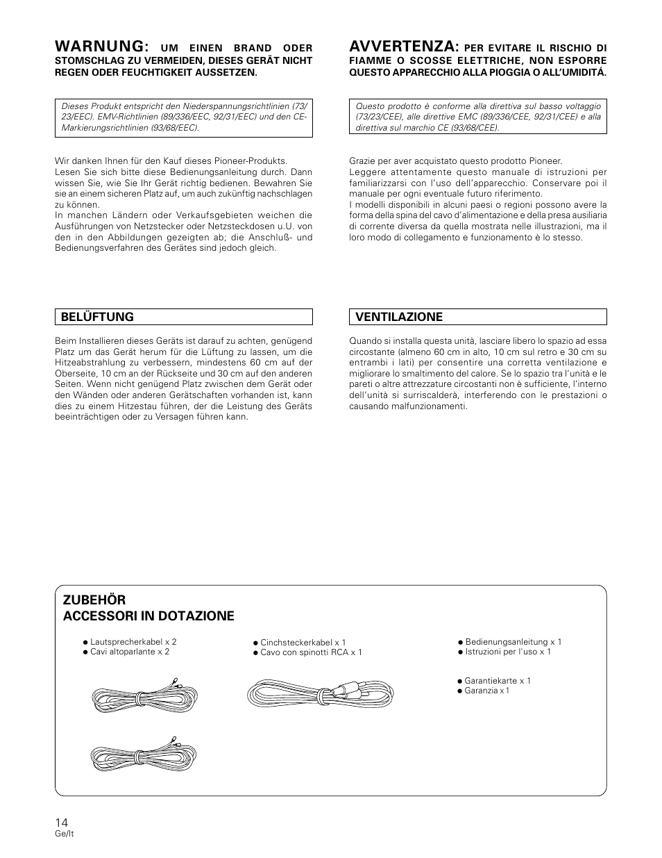 Warnung, Avvertenza, Zubehör accessori in dotazione | Pioneer S-W80S-QL User Manual | Page 14 / 52