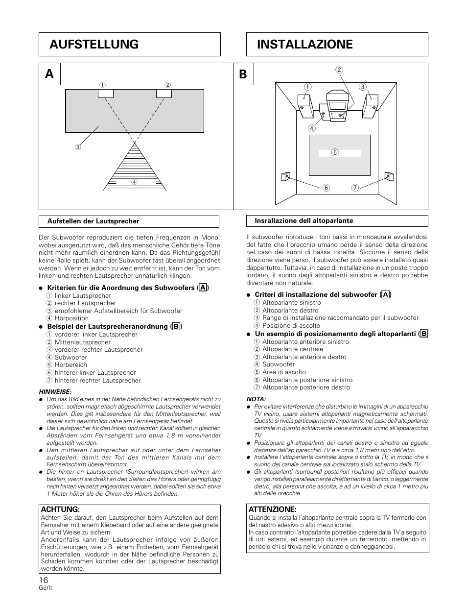 Aufstellung a b, Installazione | Pioneer S-W80S-QL User Manual | Page 16 / 52