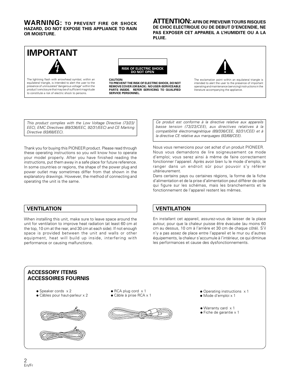Important, Warning, Attention | Caution | Pioneer S-W80S-QL User Manual | Page 2 / 52