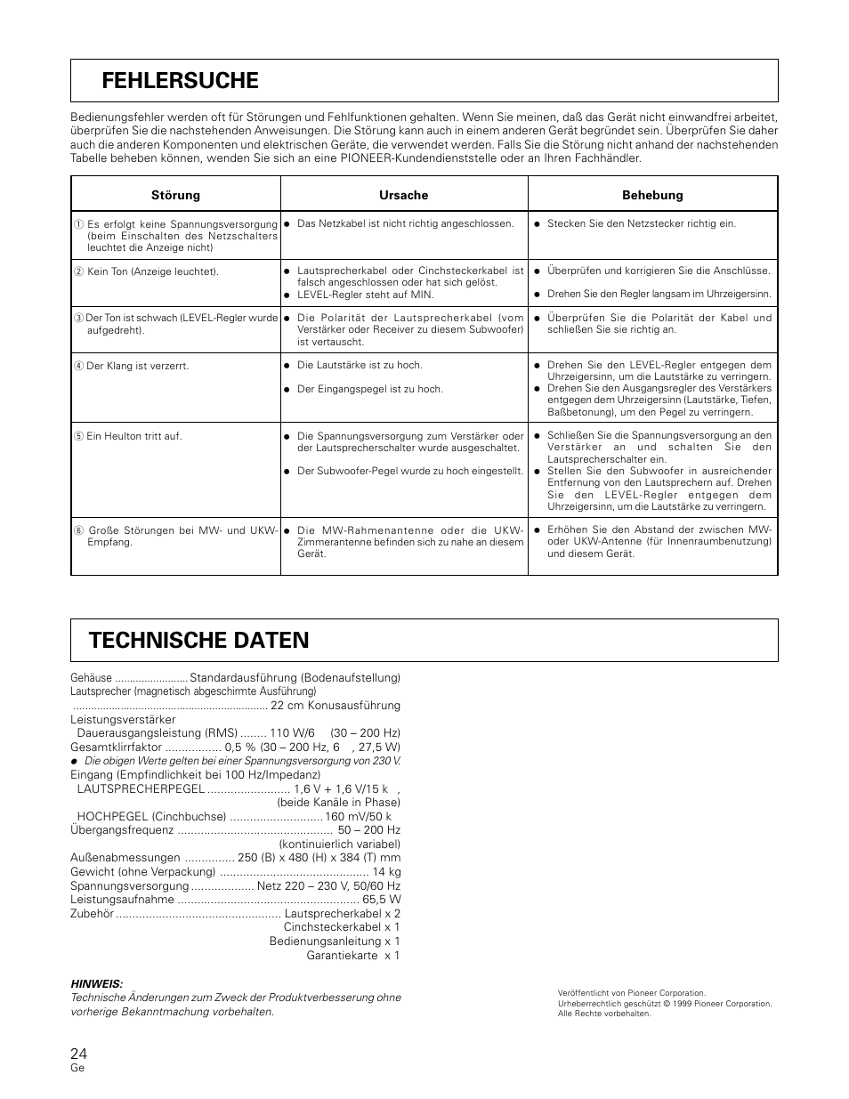 Technische daten, Fehlersuche | Pioneer S-W80S-QL User Manual | Page 24 / 52