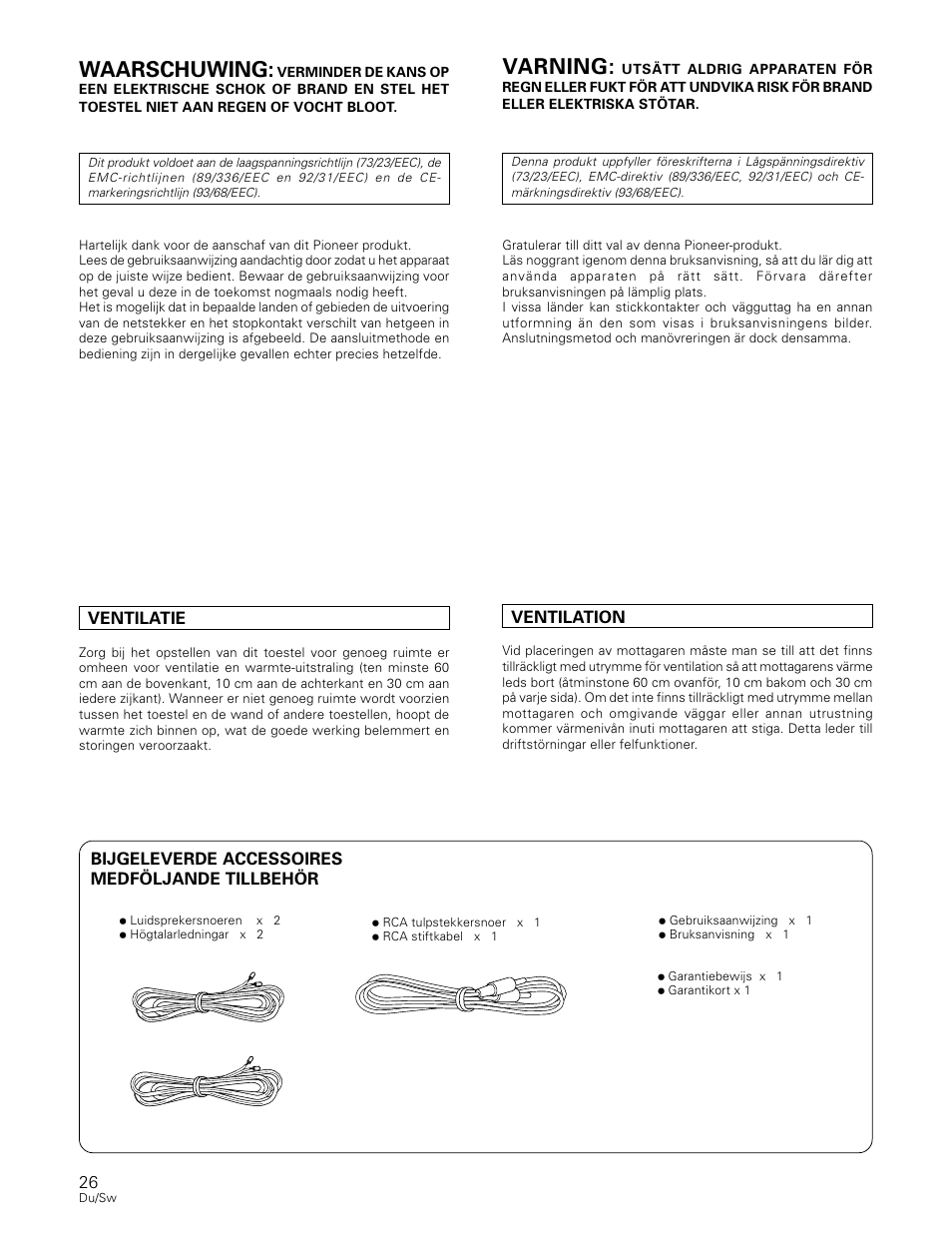 Waarschuwing, Varning | Pioneer S-W80S-QL User Manual | Page 26 / 52