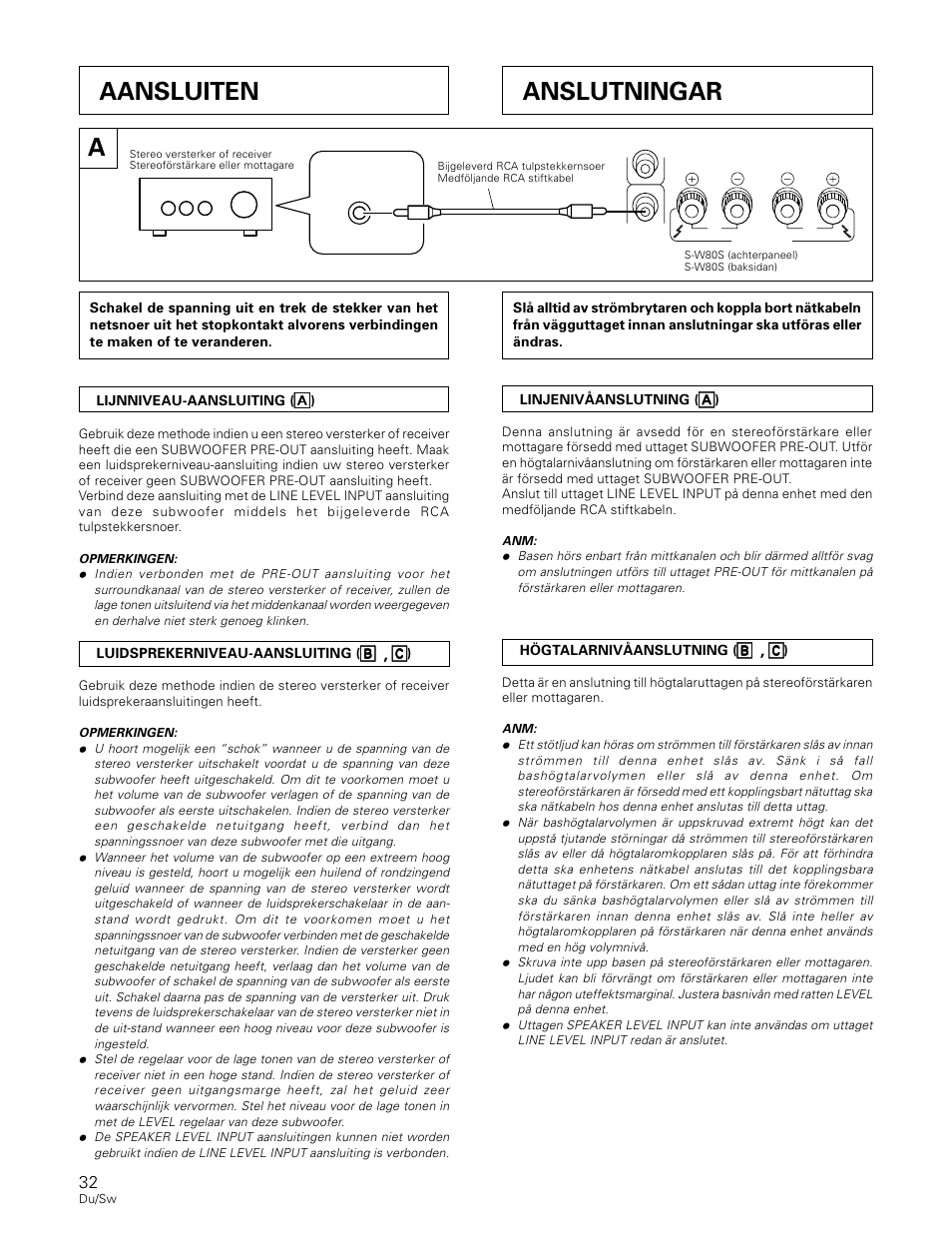 Aansluiten, Anslutningar | Pioneer S-W80S-QL User Manual | Page 32 / 52