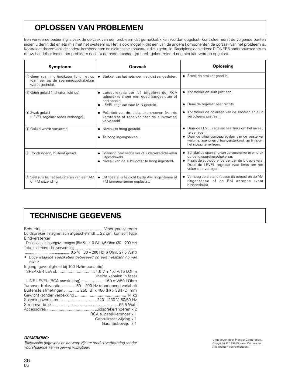 Technische gegevens oplossen van problemen | Pioneer S-W80S-QL User Manual | Page 36 / 52