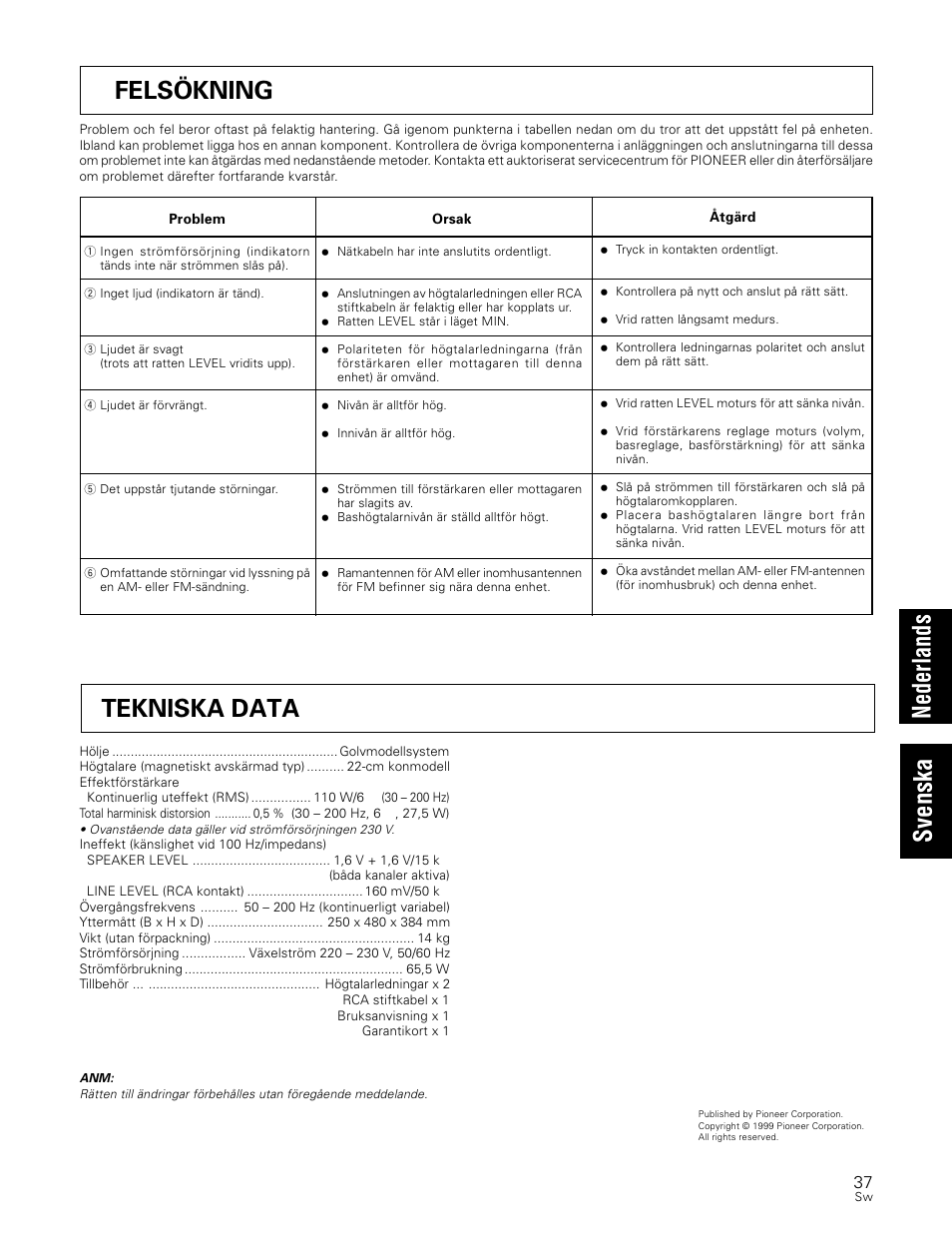 Tekniska data | Pioneer S-W80S-QL User Manual | Page 37 / 52