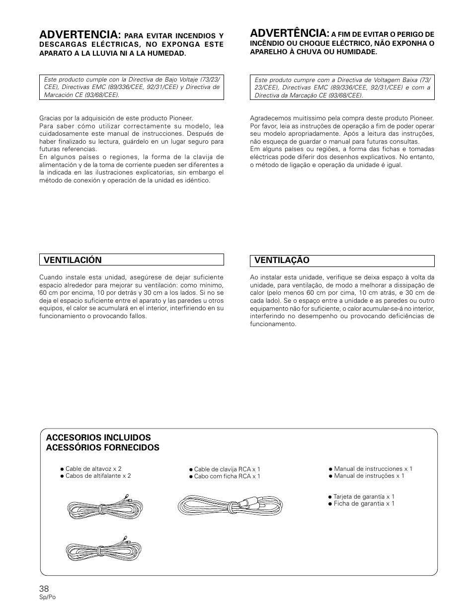 Advertencia, Advertência | Pioneer S-W80S-QL User Manual | Page 38 / 52