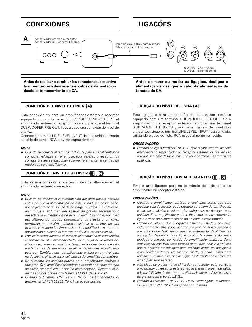 Conexiones, Ligações | Pioneer S-W80S-QL User Manual | Page 44 / 52